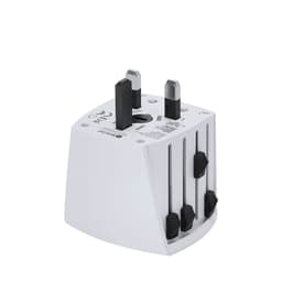 A white travel adapter with adjustable prongs for international use and a logo on the side.