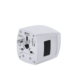 A white travel adapter with multiple plug sockets and a logo on the side, designed for global use.