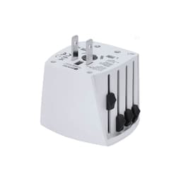 A white travel adapter with multiple plug configurations and a logo, designed for international use.