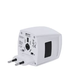 A white travel adapter with multiple plug options and a logo on the back.