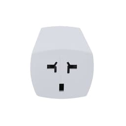 A white travel adapter with multiple prong openings and a logo on the surface.