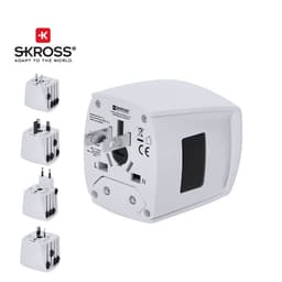 A white travel adapter with multiple plug options and a logo. The design is compact and features a universal socket.