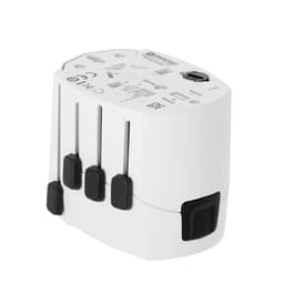 A white travel adapter with multiple plug options and a compact design, featuring adjustment sliders and a logo.