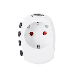 A white travel adapter with three ports and red indicators, designed for multiple device connections.
