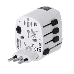 A white travel adapter featuring three pole connections and a compact design, with a logo on the side.