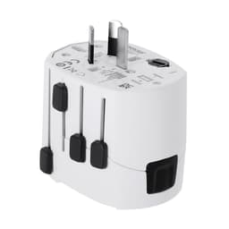 A white travel adapter with multiple plug types and a compact design, featuring a logo on the side.