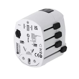 A white travel adapter featuring three retractable plug types and various sockets for international use.