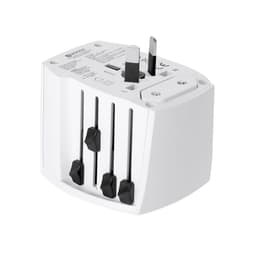 A white travel adapter with multiple plug configurations. It features a logo and adjustable settings for various regions.