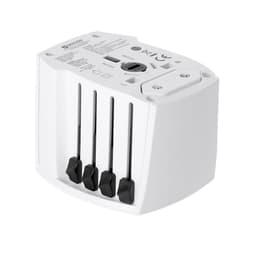 A compact white travel adapter with four retractable plugs and a USB port, featuring a logo on the side.