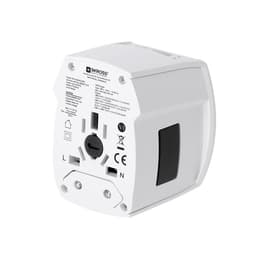 A white travel adapter featuring multiple socket types and a power input port, with a branding logo on the side.