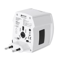A white travel adapter with multiple socket options and USB ports, featuring a logo on its side.
