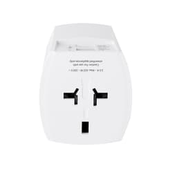 A white travel adapter with multiple sockets and a sleek design, featuring a logo on the surface.