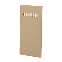 A set of coloured pencils in a kraft cardboard packaging with a cut-out window displaying the pencils inside.