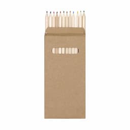 A box of coloured pencils in various shades, featuring a handle cut-out on the front and a plain brown exterior.