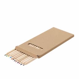 A pack of twelve coloured pencils in various hues, housed in a simple brown cardboard box with a cut-out window.