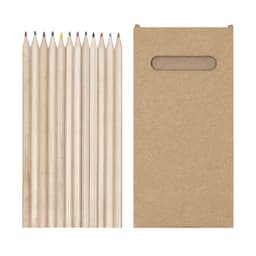 A set of ten wooden coloured pencils in various hues alongside a plain brown kraft box with a cut-out handle.