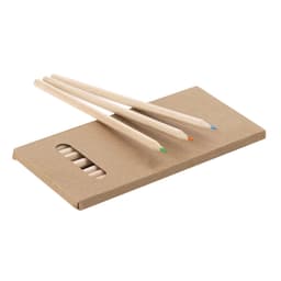A set of three coloured pencils in green, orange, and blue on a brown cardboard sleeve. The packaging has a logo.
