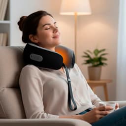 A neck massager in black, being used by a woman sitting comfortably in a chair, with a soft light in the background.