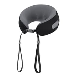 A neck support pillow in black and grey, featuring adjustable straps and a branding logo.