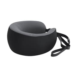 A black and grey neck support pillow with a strap for securing it in place.