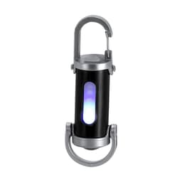 A black and silver Luvaron Torch keyring with a glowing blue light and a carabiner clip.