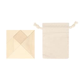 A wooden puzzle set in natural tones, accompanied by a small fabric carry bag.