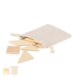 A beige pouch containing wooden puzzle pieces in various shapes, including squares and triangles.