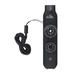 A black drink bottle featuring dual compasses and a cord attached at the top. The design is sleek and functional.