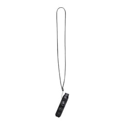 A black novelty drink bottle with a lanyard, featuring a logo and a sleek design.