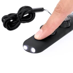 A black novelty remote control with two buttons and LED lights, featuring a cord for attaching.