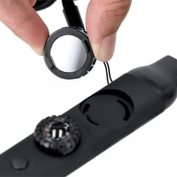 A black novelty drink bottle with a removable cap, featuring a textured grip and a small mirror attachment.