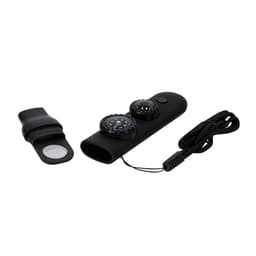 A black novelty drink bottle with dual compasses, a strap, and a protective cover. It includes a logo.