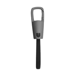 A grey charging cable holder with a black strap, featuring a clip design for easy attachment.