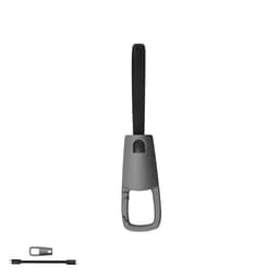 A charging cable in black with a grey connector, featuring a looped handle for easy carrying. It has a logo on the side.