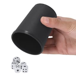 A black dice cup held in a hand, with white dice featuring black dots positioned beneath it.