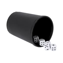 A black dice cup with white dice spilling out, featuring black spots on each die.