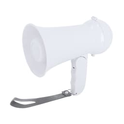 A white megaphone with a sturdy handle and a wrist strap, designed for announcing and projecting sound.