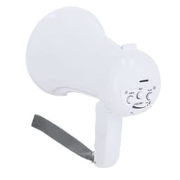 A white megaphone featuring volume controls and a recording option, with a grey handle strap.