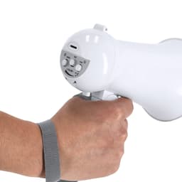 A white megaphone held in a hand, featuring buttons and a wrist strap for grip.