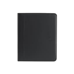 A black portfolio folder with a smooth exterior and a logo on the front. Ideal for business or office use.