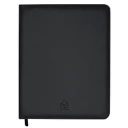 A black folder with a textured finish, featuring a logo on the front and a zip closure.
