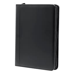 A black folder with a zip closure, designed for organising documents and includes a logo.