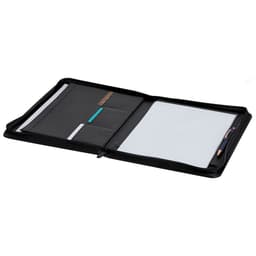 A black Wonar Folder with compartments, a notepad, and a pen, featuring a logo. Ideal for office and business use.