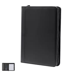 A black portfolio folder with a zip closure, featuring organisational pockets and a sleek design.