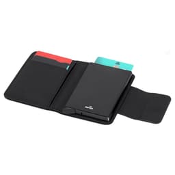 A black business card holder with RFID protection, featuring compartments for cards on either side.