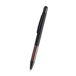 A metal pen featuring a sleek black design with a brown wood section and a stylus tip. It has a branded logo.