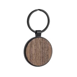 A round keyring featuring a wooden disc and a black metal ring, showcasing a natural wood finish.