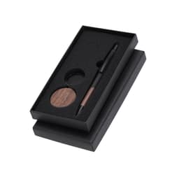 A gift set featuring a black metal pen and a wooden coaster, presented in a sleek black box.