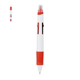 A multicoloured pen with a white body and red accents, featuring a transparent cap. It has a branding logo.