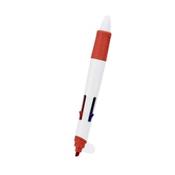 A multicoloured pen featuring red, blue, and white sections, with a pointed tip and visible ink chambers.
